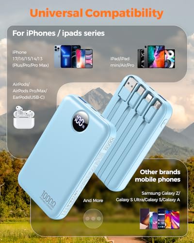 Portable Charger 10000mAh with 4 Built-in Cables 40% Smaller - color: Light Blue