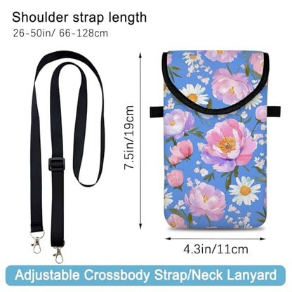 Neoprene Cell Phone Sleeve Pouch Case Bag with Crossbody Strap Neck Lanyard for Women 7.5 X 4.3 in Sky Blue Flower - color: Sky Blue Flower 1