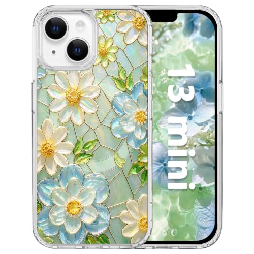 for iPhone 13 Mini 5.4" Magnetic Case【Compatible with MagSafe】 Aesthetic Oil Painting Stained Glass Flower Design, Slim Fit Hard PC Back Shockproof Cute Clear Phone Cover, White Blue - color: White Blue, size: iPhone 13 Mini