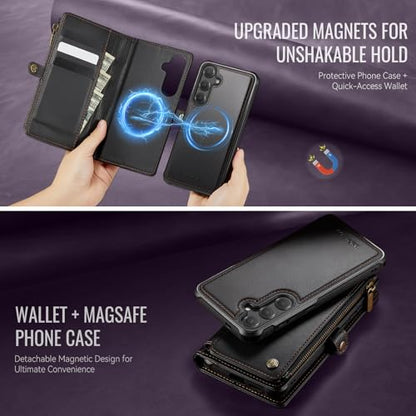 Defencase for Galaxy S25 Case Wallet Compatible with Magsafe 6.2", Black | Magnetic Detachable, with RFID Bolcking Card Holder, Zipper Strap, PU Leather Drop-Proof Phone Cover for Samsung Galaxy S25 - color: (Detachable with Magsafe)-Black