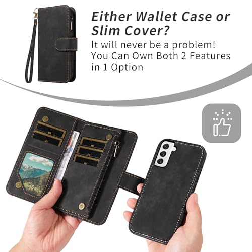 Asuwish Phone Case for Samsung Galaxy S22 5G Zipper Wallet Detachable Magnetic Cover with Tempered Glass Screen Protector Crossbody Lanyard Strap Card Holder S 22 22S 4G G5 6.1 inch Women Girls Black - color: Black