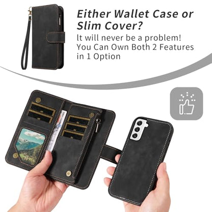Asuwish Phone Case for Samsung Galaxy S22 5G Zipper Wallet Detachable Magnetic Cover with Tempered Glass Screen Protector Crossbody Lanyard Strap Card Holder S 22 22S 4G G5 6.1 inch Women Girls Black - color: Black