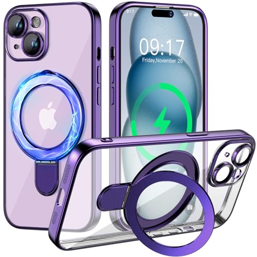 Magnetic for iPhone 15 Case with Invisible Stand[Compatible with MagSafe][Full Camera Lens Protector][Military Drop Protection] Shockproof Not Yellowing Clear Slim Soft for Women Men - color: Purple, size: iPhone 15