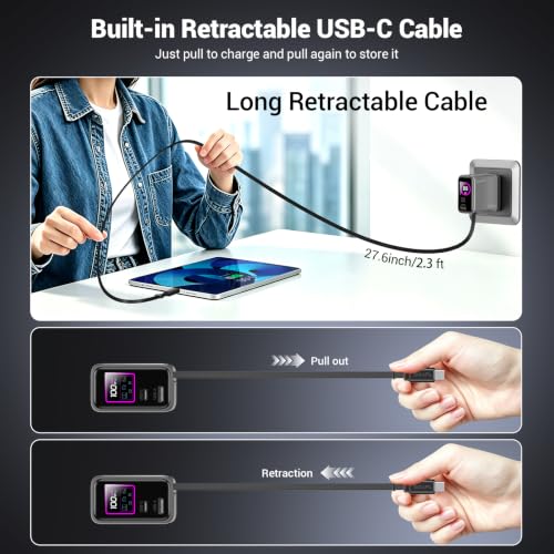 Compact 100W 3-Port GaN Retractable USB C Wall Charger with Smart Display