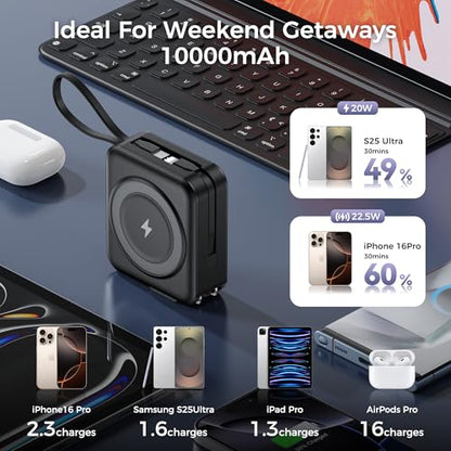 10000mAh Portable Charger Power Bank Built in Cables&Wall Plug - color: Black
