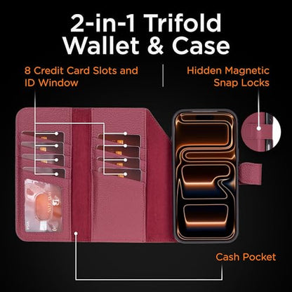 Bayelon iPhone 17 Pro Trifold Wallet Case - RFID & MagSafe Compatible - Burgundy - color: Burgundy, size: iPhone 17 Pro