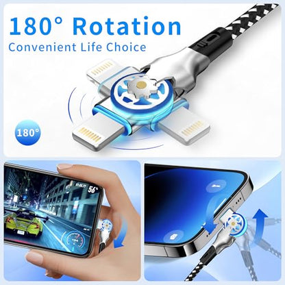 90 Degree Lightning Cable with 180° Rotating iPhone Charger Head,Swivel Charger Cord with MFi,6.6FT Right Angle Lightning Cable,Fast Charging,Apple Carplay,Data Sync for iPhone 14/13/12/11/X,iPad