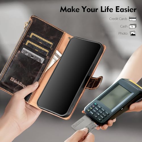 Shieldtop Compatible with Samsung Galaxy A37 5G Wallet Case with Card Holder,PU Leather Phone Case Flip Protective Cover Wrist Strap Zipper Credit Card Slots RFID Blocking Women Men,Coffee - color: Coffee