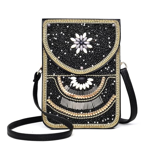 Small Crossbody Bags for Women, Cell Phone Shoulder Bag Boho Wallet Purse - color: Black-white