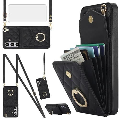 Asuwish Phone Case for Samsung Galaxy S24 5G Wallet Cover with Tempered Glass Screen Protector and Crossbody Wrist Strap Ring Stand RFID Blocking Card Holder Leather Cell S 24 24S G5 Women Girls Black - color: Black