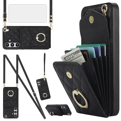 Asuwish Phone Case for Samsung Galaxy S24 5G Wallet Cover with Tempered Glass Screen Protector and Crossbody Wrist Strap Ring Stand RFID Blocking Card Holder Leather Cell S 24 24S G5 Women Girls Black - color: Black