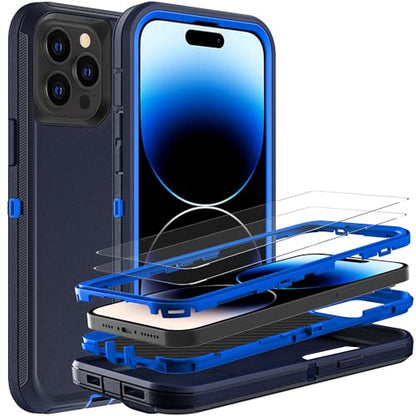 YKHJKLEC for iPhone 14 Pro Case, Military Grade 3 in 1 Heavy Duty Shockproof/Drop Proof/Dust Proof Case with 2Pcs Tempered Glass Screen Protector (Navy Blue) - color: Navy Blue