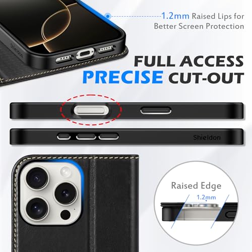 SHIELDON Genuine Leather Case Wallet for iPhone 16 Pro Max, Retro Black | Folio Magnetic Closure, RFID Blocking, Credit Card Holder, Viewing Stand, Shock Absorbing Protective Cover for Men Women - color: Retro Black
