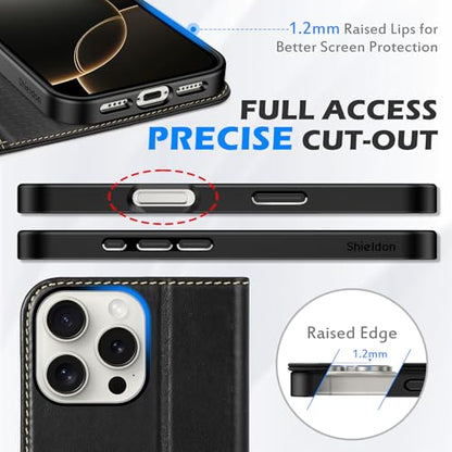SHIELDON Genuine Leather Case Wallet for iPhone 16 Pro Max, Retro Black | Folio Magnetic Closure, RFID Blocking, Credit Card Holder, Viewing Stand, Shock Absorbing Protective Cover for Men Women - color: Retro Black