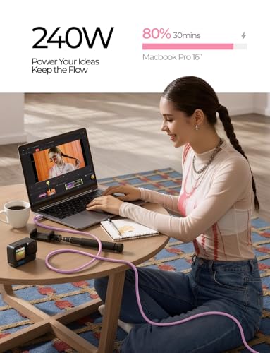 LISEN 10FT USB C Cable Fast Charging, Chubby 240W Cable USB C to USB C Fast Charging Soft Silicone USBC to USBC Parallel Cable for iPhone 17 Pro Max 16 15 Samsung S25 Ultra MacBook Pro Air iPad Pink - color: Pink, size: 10FT