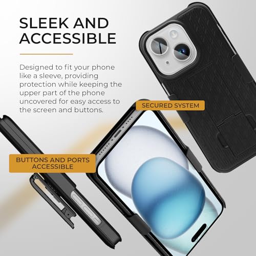 MOTIVE for iPhone 15 Case with Belt Clip, Rigid, Kickstand | 6.1" | Ranger v1 Series, Black, 360° holster, open-top/open-bottom port access, textured grip, slim - size: iPhone 15