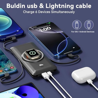 Magnetic 10000mAh Portable Charger for iWatch & iPhone, PD Fast Charging Wireless Power Bank Built-in Cables and Wall Plug, External Travel Battery Pack Compatible with iOS Android Phones - color: Black