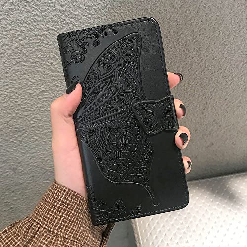 for iPhone 13 Pro Case Wallet for Women,Black | Flip Folio Butterfly Embossed PU Leather Kickstand Credit Card Holder Slots Magnetic Wrist Strap Phone Cover - color: Black