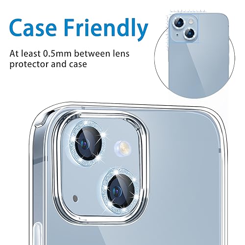 for iPhone 14 & iPhone 14 Plus Camera Lens Protector, Bling Glitter Diamond Lens Cover 9H Tempered Glass Camera Cover Anti Scratch Lens Protector Individual Lens Ring - 2PCS Glitter Blue - color: Blue Glitter