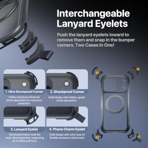 MAGEASY Odyssey Ultra MagSafe 360° Magnetic Stand iPhone 17 Pro Max Crossbody Case with Strap for Men, 25ft Shockproof TPU + Aluminum Frame, Interchangeable Lanyard Eyelets (Mist w/Kickstand) - color: Mist w/ Kickstand, size: iPhone 17 Pro Max