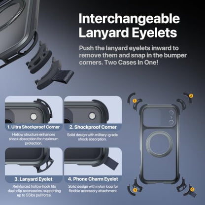 MAGEASY Odyssey Ultra MagSafe 360° Magnetic Stand iPhone 17 Pro Max Crossbody Case with Strap for Men, 25ft Shockproof TPU + Aluminum Frame, Interchangeable Lanyard Eyelets (Midnight w/Kickstand) - color: Midnight w/ Kickstand, size: iPhone 17 Pro Max