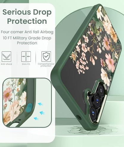 Crystal Clear Flower Pattern Case for Samsung Galaxy S26 FE-Green | Girl Women Slim Soft TPU + Hard PC Military Grade Protective Phone Cover WithTempered Glass Screen Protector for S26 FE - color: S26 FE-Dark Green