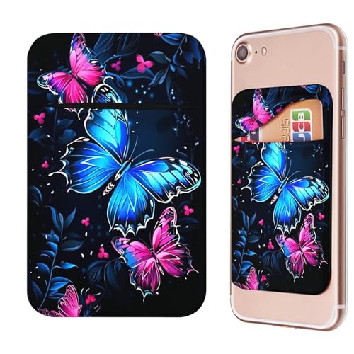 Phone Credit Card Holder Stick on, Phone Case Wallet, Cell Phone Pocket Self Adhesive Stretchy Lycra Stick on Wallet ID Credit Card Case Pouch Sleeve for All Smartphones, Blue Red Butterfly - color: Phone Case Wallet-610