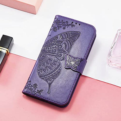 for iPhone 13 Pro Case Wallet for Women,Purple | Flip Folio Butterfly Embossed PU Leather Kickstand Credit Card Holder Slots Magnetic Wrist Strap Phone Cover - color: Purple