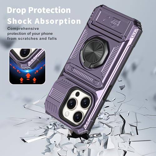 Vofolen for iPhone 15 Pro Case Wallet with Card Holder [Store 2 Cards] | 360° Magnetic Rotated Ring Stand-Dual Layer Heavy Duty Drop Protection Wallet Phone Case Cover for iPhone 15 Pro 6.1'' Purple - color: Purple