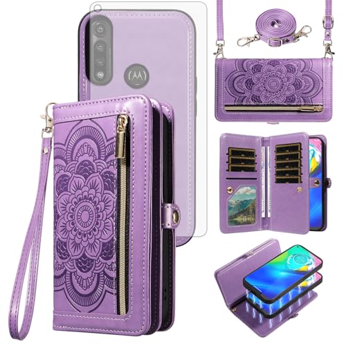 Asuwish Phone Case for Moto G Power 2020 Zipper Wallet Magnetic Detachable Cell Cover with Tempered Glass Screen Protector Crossbody Strap Mandala Flower Card Holder Motorola GPower Women Girls Purple