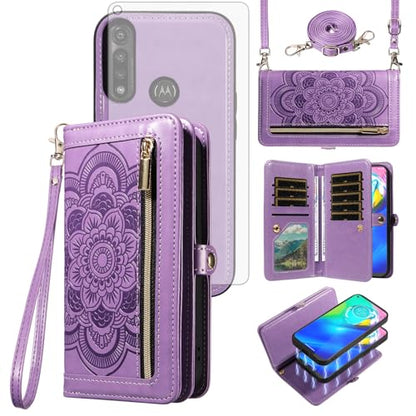 Asuwish Phone Case for Moto G Power 2020 Zipper Wallet Magnetic Detachable Cell Cover with Tempered Glass Screen Protector Crossbody Strap Mandala Flower Card Holder Motorola GPower Women Girls Purple