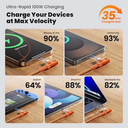 toocki 100W Right Angle Fast Charging USB C Cable, 2Pack, 6.6FT - color: Orange, size: 6.6+6.6FT