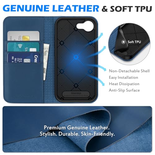 SHIELDON Genuine Leather Case Wallet for iPhone 17e/16e 6.1", Royal Blue | Magnetic Closure, RFID Blocking, Credit Card Slot, Viewing Stand, Foldable Design, Shockproof TPU Phone Cover - color: Royal Blue