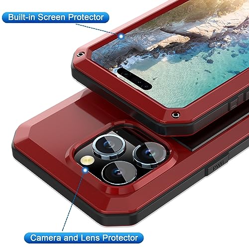 Compatiable with iPhone 15 Pro Case,360 Full Body Protective Cover Heavy Duty Shockproof Tough Armour Aluminum Alloy Metal Case with Silicone Built-in Screen Protector - Red - color: Red
