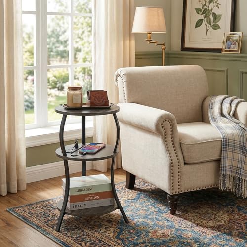 YEAKOO Small Side Table with Charging Station,3-Tier Round end Table - color: Grey, style: USB Charger