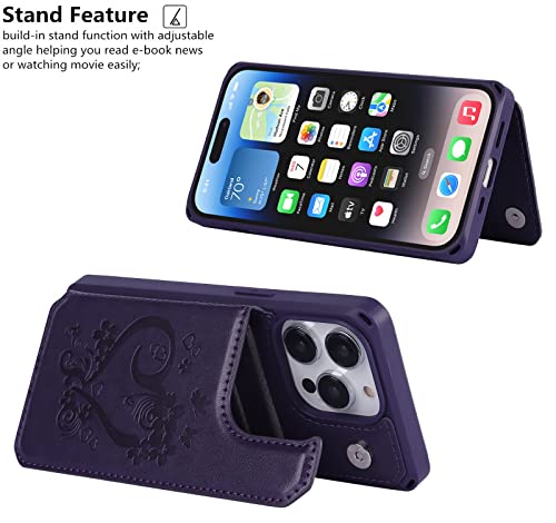 iCoverCase Compatible with iPhone 14 Pro Wallet Phone Case with Card Holder for Women, RFID Blocking Embossed PU Leather Wrist Strap Case 6.1 Inch (Heart Dark Purple) - color: H-Dark Purple