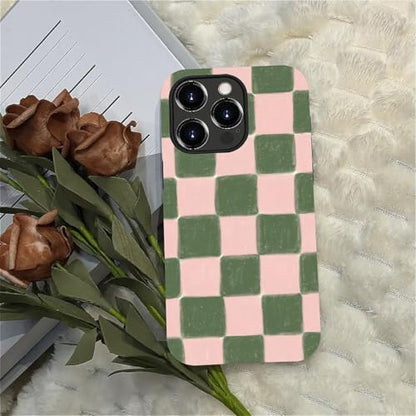 ZHEGAILIAN Case Compatible with iPhone 14 Pro,Pink and Green Checkered Design Phone Case, Matte Mixed Double-Layer Hard Shell+Soft Silicone TPU Shock Protective - color: Pink and green checkered, size: iPhone 14 Pro