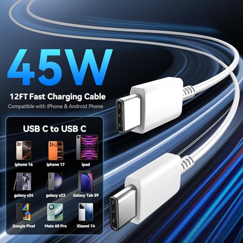 Phone 17 16 Pro Max Charger Fast Charging, 45W Super Fast USB C Charger Block with 12FT Extra Long Fast Charging Cable for 17 16 Pro Max/17 16/16 Plus,15 Pro Max/15 Pro/15, Android Phone - color: white, size: 12 Ft