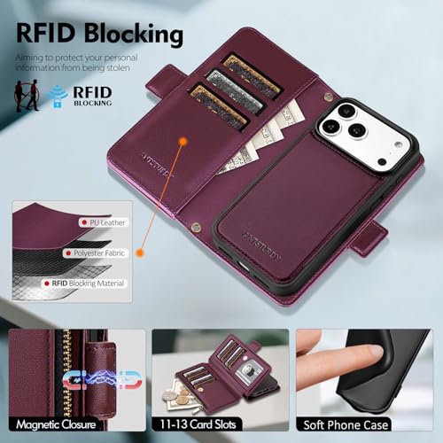 Antsturdy Compatible with MagSafe iPhone 17 Pro Wallet Case,Wine Red | Detachable Magnetic Credit Card Holder,RFID Blocking,PU Leather Zipper Purse,Wrist Strap Kickstand,Flip Phone Cover for Women - color: (Detachable with Magsafe)-Wine Red
