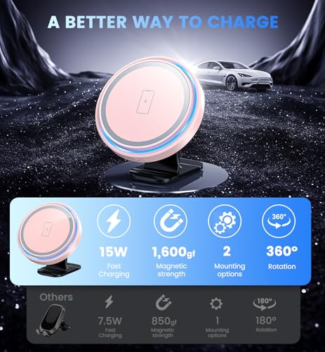 Magnetic Car Charger Mount 15W for iPhone 18-12 Pro Max - color: Pink