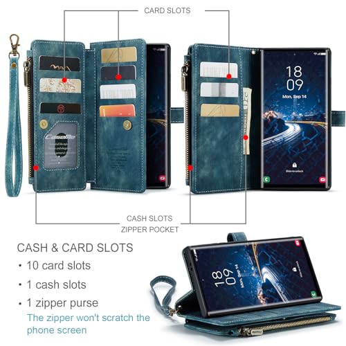 Samsung Galaxy S24 Ultra 5G Wallet Case with Card Holder Kickstand Magnetic Zipper Pocket Lanyard Strap Wristlet,Leather Flip Case Wallet for Samsung Galaxy S24 Ultra 5G 6.8 Inch(Blue) - color: Blue, size: S24 Ultra 6.8 Inch
