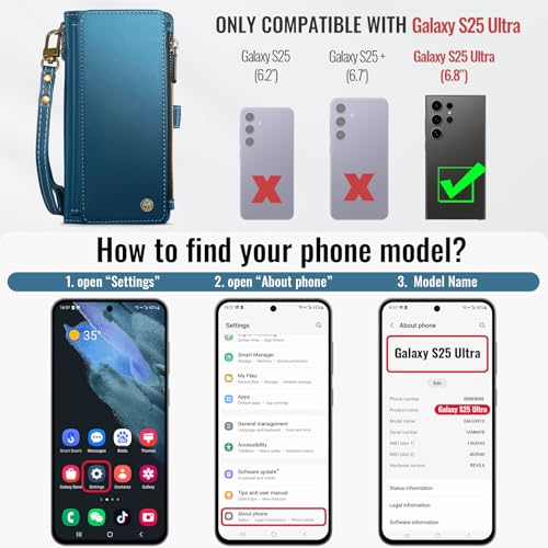 Defencase for Samsung Galaxy S25 Ultra Wallet Case with Card Holder, D-Blue | with RFID Blocking Zipper Pocket, Durable PU Leather, Wrist Strap, S25 Ultra Flip Phone Cases Cover with Stand for Women Men - color: Dark Blue