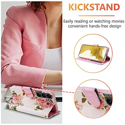 UEEBAI Wallet Case for Samsung Galaxy S23 Plus 5G, PU Leather Case Kickstand RFID Blocking Flip Case Card Slots Wrist Strap Relief Engraved Pattern Magnetic Closure Flower Folio Case, White Rose - color: White Rose, size: Samsung Galaxy S23 Plus 5G