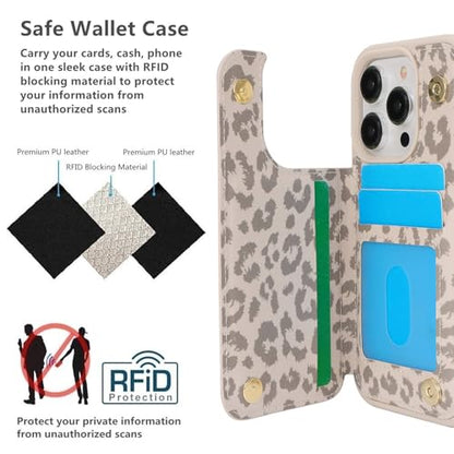 iCoverCase Compatible with iPhone 14 Pro Case with Card Holder, Wallet Case for Women Men RFID Blocking PU Leather Protective Phone Case 6.1 Inch (Beige Leopard) - color: Beige Leopard