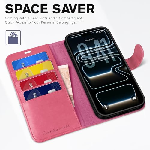 TUCCH Wallet Case for iPhone 17 Pro (6.3") 2025, Flip Stand, Hot Pink | RFID Blocking, 4 Card Holders, Kickstand, PU Leather, Shockproof TPU Shell, Magnetic Closure, Protective Folio Cover - color: Hot Pink