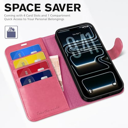 TUCCH Wallet Case for iPhone 17 Pro (6.3") 2025, Flip Stand, Hot Pink | RFID Blocking, 4 Card Holders, Kickstand, PU Leather, Shockproof TPU Shell, Magnetic Closure, Protective Folio Cover - color: Hot Pink