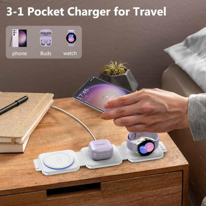 Travel Charger for Samsung Multi Devices, Foldable 3 in 1 Wireless Charging Station Fast Charging Stand/Pad Compatible for Samsung Galaxy S26/S25/S24/S23/Note20 Galaxy Watch8/7/6/Galaxy Buds4(White - color: white