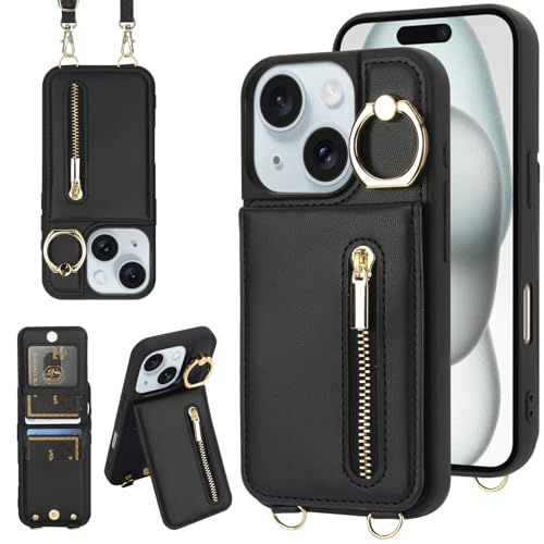 Crossbody Wallet Case for iPhone 11, with Card Slots Zipper Pocket Case, Flip Folio Purse RFID Blocking with Ring Kickstand Detachable Strap-Black - color: Black, size: iPhone 11(6.1")