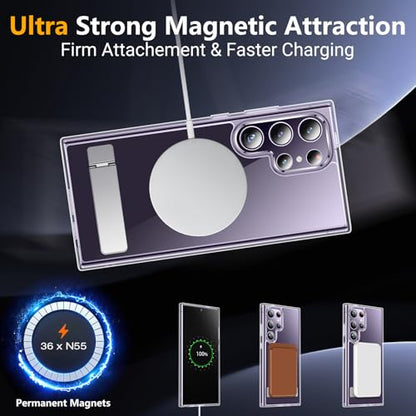 SPIDERCASE for Samsung Galaxy S24 Ultra Case, with Invisible Kickstand, Magnetic Case [Military Grade Drop Protection] [2 pcs Tempered Glass Screen Protectors] Shockproof Slim Case, Clear | with Invisible Kickstand - color: Clear