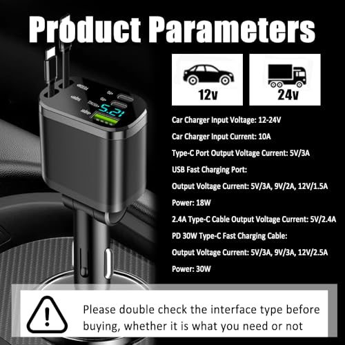 5 in 1 Retractable Car Charger Adapter,Upgraded Car Phone Charger with PD 30W Cable & USB Fast Charging Port,Universal USBs & USB C Cars Chargers Compatible with Android and iPhone